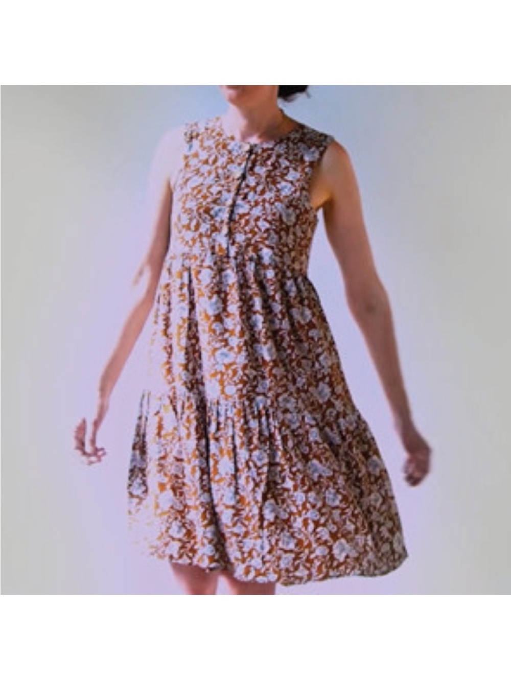 dip Sleeveless Floral Tiered Dress in Brown and White